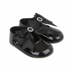 B060: Baby Girls Bow & Diamante Soft Soled Shoe-Black  (Shoe Sizes: 0-3)